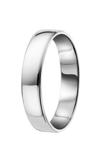 Silver metal ring with a smooth, polished surface. Rounded edges, uniform width, and a clean, minimalist design. No patterns or accents.