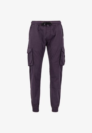 Cargo-Hosen in dunklem Lila, aus leichtem Stoff, mit elastischem Bund, Kordelzug und seitlichen Taschen. Tapered Leg-Design.
