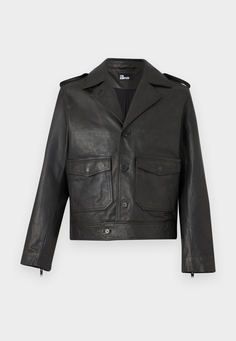 Black leather jacket with button front, two flap pockets, wide collar, shoulder epaulets, and zippered cuffs.