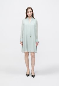 Hellgrünes, knielanges Kleid mit Kragen, langen, durchscheinenden Ärmeln und einer Frontschleife. Kombiniert mit schwarzen, spitz zulaufenden Absatzschuhen. Glatte Textur.