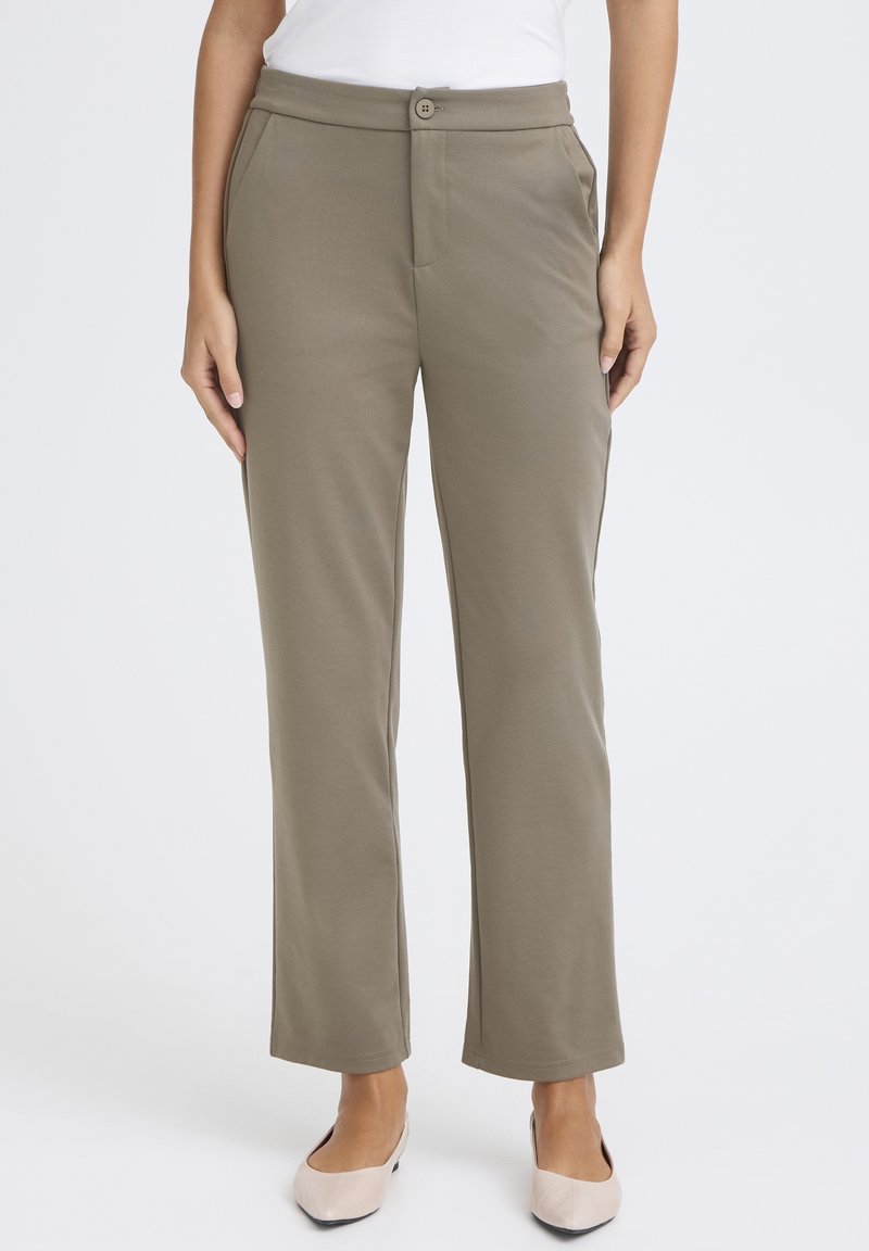 Khakihosen mit geradem Beinendesign, seitlichen Taschen und Knopfverschluss. Aus glattem, leichtem Stoff gefertigt.
