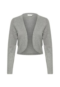 Cárdigan corto gris con mangas largas, diseño de frente abierto, textura suave y ribete acanalado. Etiqueta visible en el escote.