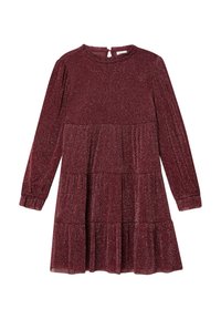 Bordeaux glinsterend jurkje met lange mouwen, ronde hals, gelaagde rok en een keyhole sluiting aan de achterkant. De stof heeft een glanzende, gestructureerde afwerking.