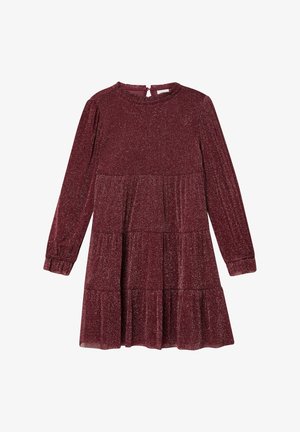 Robe à paillettes bourgogne avec des manches longues, un col rond, une jupe à volants et une fermeture à clé au dos. Le tissu a une finition brillante et texturée.