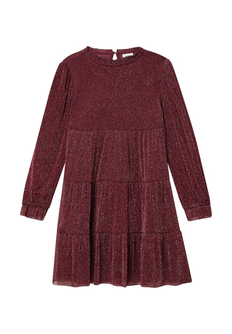 Bordeaux glinsterend jurkje met lange mouwen, ronde hals, gelaagde rok en een keyhole sluiting aan de achterkant. De stof heeft een glanzende, gestructureerde afwerking.