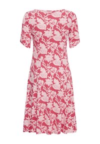 Robe courte rose à manches courtes avec des motifs floraux et feuillages blancs détaillés, corsage ajusté et jupe évasée.