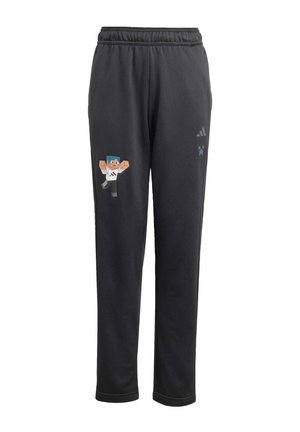 Mustat verkkarit, joissa on elastinen vyötärönauha, ja sivulla Minecraft-hahmografiikka sekä Adidas-logo. Pehmeä ja kestävä materiaali.