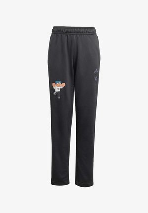 Černé tepláky s elastickým pasem, s grafickým motivem postavy z Minecraftu a logem Adidas na boku. Měkký, odolný materiál.