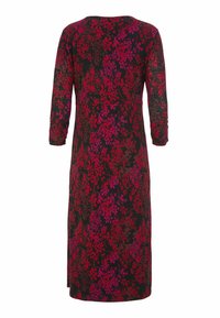 Zwarte jurk met driekwartmouwen, voorzien van een bloemenpatroon in rode en roze tinten. Knie-lengte met een rechte snit. Soepele textuur.