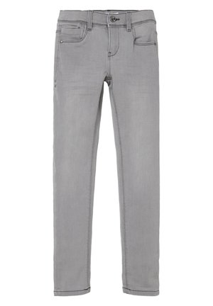Graue Denim-Jeans mit schmaler Passform, ausgestattet mit einem Knopf- und Reißverschluss, fünf Taschen und kontrastierenden Nähten entlang der Nähte.