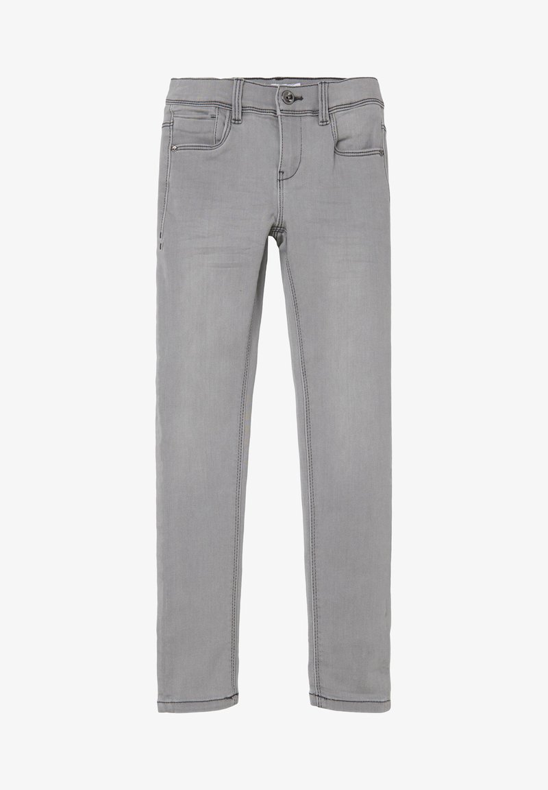 Sivi traperice s uskim krojem, s dugmetom i patentnim zatvaračem, pet džepova i kontrastnim šavovima duž šavova.