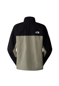 Herrejakke med farveblokdesign, sort øverste del og kaki nederste del, let materiale, ensartet tekstur, lille logo på øverste ryg.