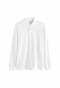 Polo de manga larga blanca, hecho de algodón, con cuello y tapeta de dos botones, y un sutil bordado de logo en el pecho.