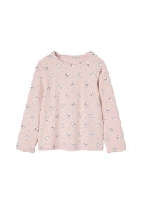 Pink long-sleeve children's shirt with a pattern of small white kitten faces, stars, hearts, and crescent moons.