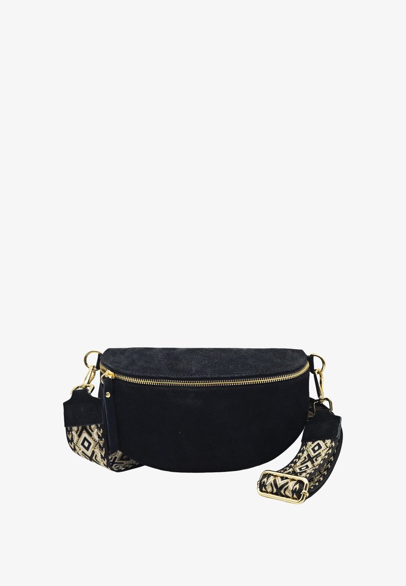 Sac bandoulière en daim noir avec quincaillerie dorée, forme ovale et sangle à motif géométrique en crème et noir.