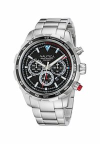 Montre chronographe en acier inoxydable argenté avec un cadran texturé noir, de vives accents blancs et rouges, une échelle tachymétrique et trois sous-cadrans.