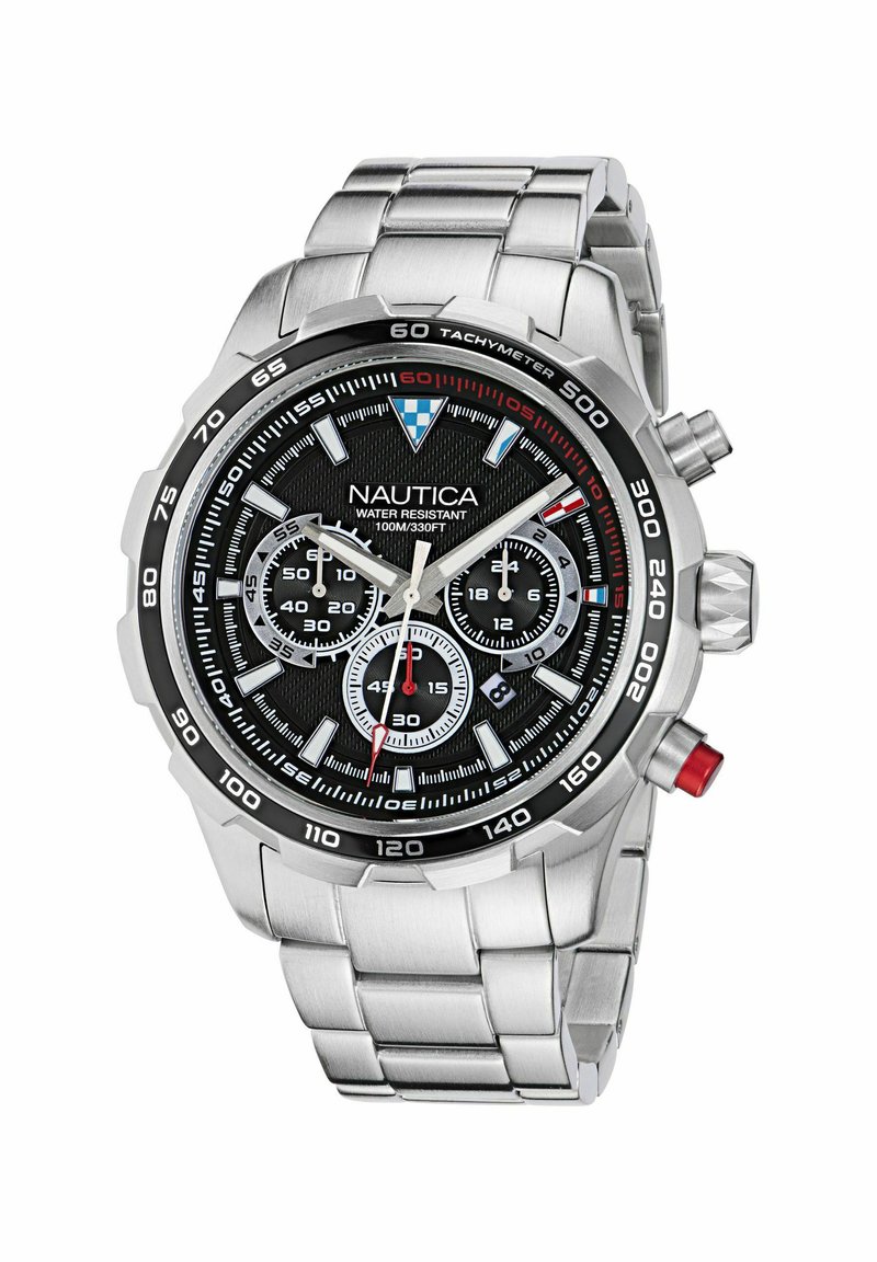 Montre chronographe en acier inoxydable argenté avec un cadran texturé noir, de vives accents blancs et rouges, une échelle tachymétrique et trois sous-cadrans.