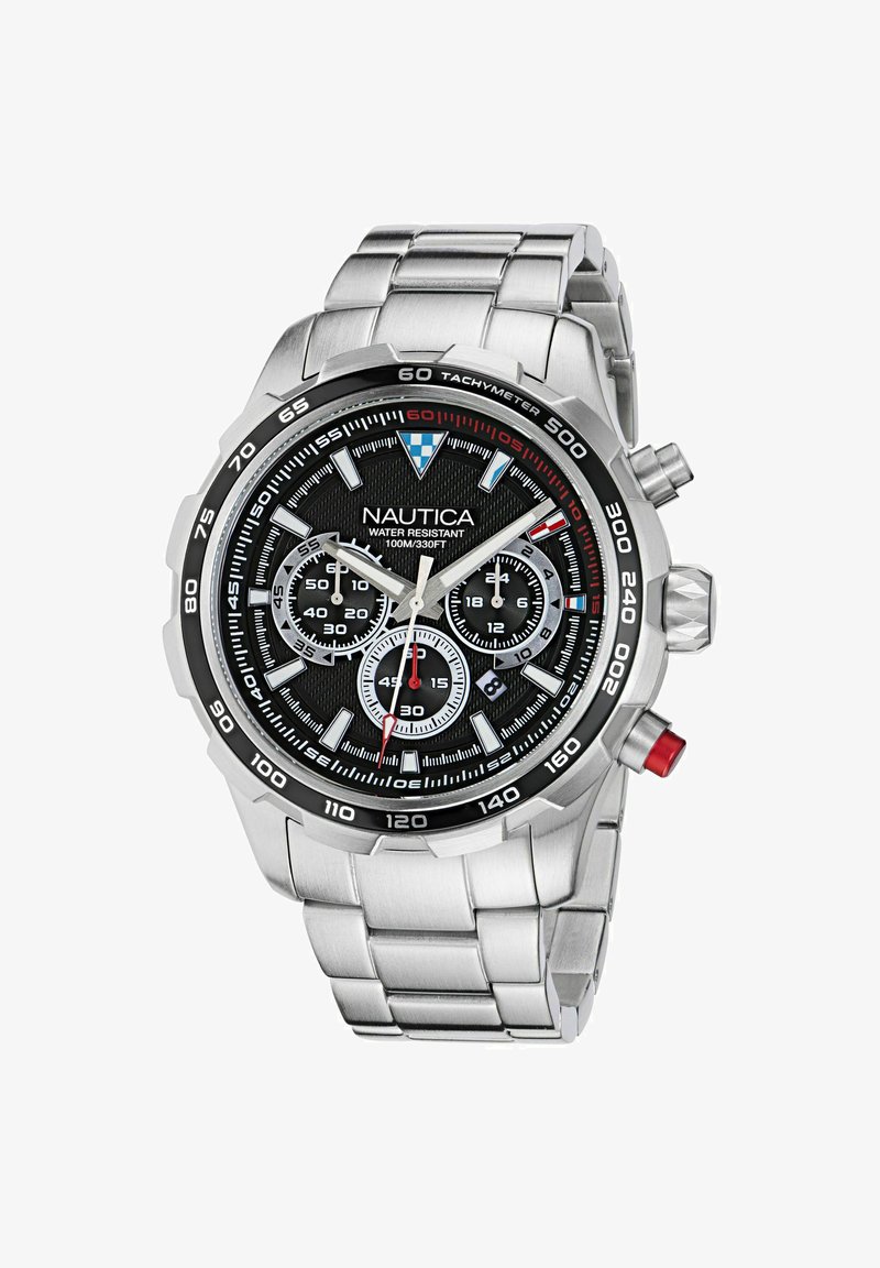 Silberne Edelstahl-Chronographenuhr mit schwarzem strukturiertem Zifferblatt, kräftigen weißen und roten Akzenten, Tachymeterskala und drei Teilzifferblättern.