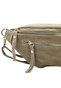 Sac en croisé en suède beige avec deux compartiments à glissière, quincaillerie en métal doré et fermetures. Présente des accents en forme de frange et une texture douce.