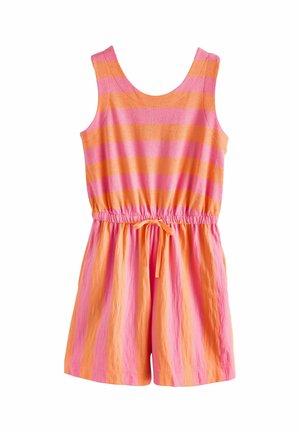 Sleeveless romper with horizontal pink and orange stripes on top and vertical stripes on shorts, featuring an elastic waist with a tied bow.