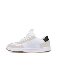 Men's sneakers featuring a white upper with gray accents, perforated design, and a black heel tab; rubber sole for traction.