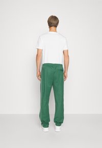 Green sweatpants with white side stripes, elastic waist, and relaxed fit. Paired with a plain white t-shirt and white sneakers.