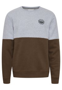 Gray and brown color-blocked sweatshirt with a round neckline, ribbed cuffs, and a small logo accent on the chest. Soft cotton blend material.