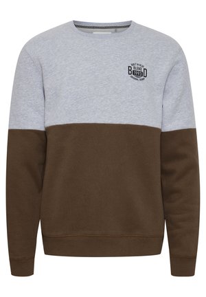 Gray and brown color-blocked sweatshirt with a round neckline, ribbed cuffs, and a small logo accent on the chest. Soft cotton blend material.