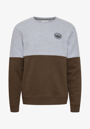 Hanorac colorat gri și maro, cu guler rotund, manșete ribbrate și un mic logo accent pe piept. Material moale din bumbac.