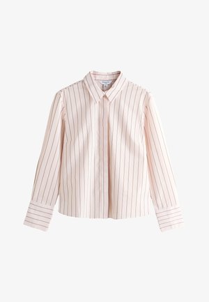Camicia rosa chiaro a maniche lunghe con bottoni, con sottili strisce verticali marroni e colletto a punta, mostrata stesa su sfondo bianco.