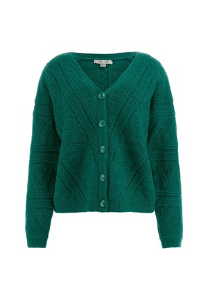 Cardigan verde a maglia con scollo a V, caratterizzato da un motivo testurizzato, maniche lunghe e cinque bottoni abbinati lungo la parte anteriore.