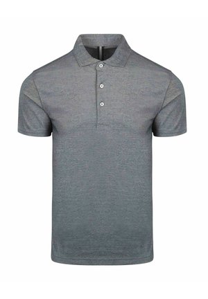 Graues Poloshirt mit kurzen Ärmeln, drei Knöpfen und spitzem Kragen, auf weißem Hintergrund dargestellt.