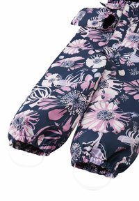 Navy blue snowsuit with pink floral pattern, elastic cuffs, and adjustable straps. Made from waterproof material, featuring a smooth texture.