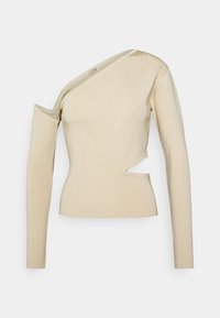 Beige pruhovaný pletený top s dlouhými rukávy, který se vyznačuje asymetrickým výstřihem a výřezem na levé straně. Měkká textura, přiléhavý střih.