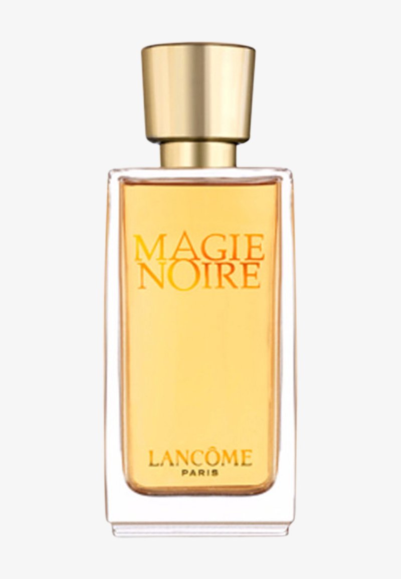 Clear rectangular perfume bottle with golden liquid, gold cap, labeled "MAGIE NOIRE" and "LANCOME PARIS" on front.