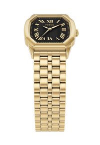 Gold-tone octagonal watch featuring a black textured dial with Roman numerals, complemented by a gold link bracelet.