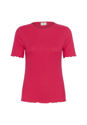 T-shirt rose à manches courtes, en maille côtelée, avec un col arrondi et un ourlet festonné. Fabriqué dans un matériau extensible pour un look ajusté.