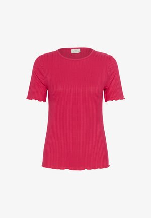 Korte mouw rozenkleurige ribbel t-shirt met een ronde halslijn en gerimpelde zoom. Gemaakt van rekbaar materiaal voor een aansluitende look.