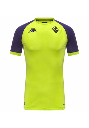 Maillot de sport à manches courtes avec corps jaune néon et manches violettes, comportant deux logos foncés sur la poitrine.