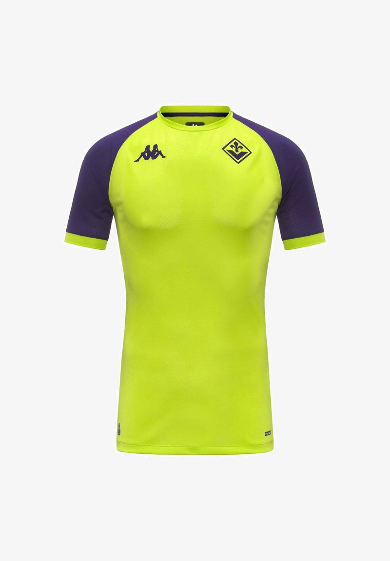 Maillot de sport à manches courtes avec corps jaune néon et manches violettes, comportant deux logos foncés sur la poitrine.