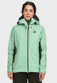 Light green waterproof jacket with a hood, black accents, zippered pockets, and adjustable cuffs. Features a slim fit and soft texture.