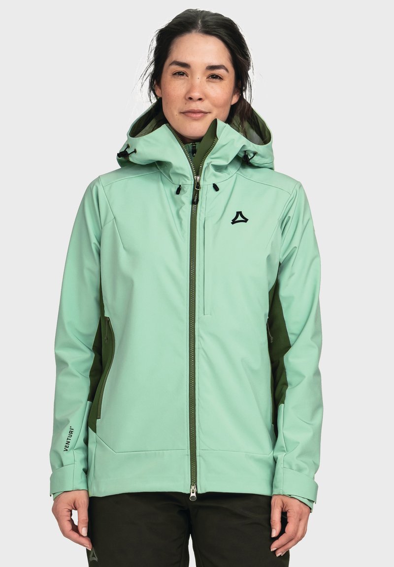 Light green waterproof jacket with a hood, black accents, zippered pockets, and adjustable cuffs. Features a slim fit and soft texture.