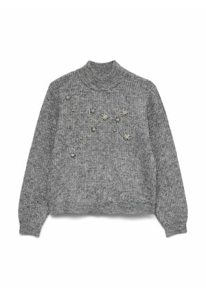 Grå strikket sweater med høj hals, dekoreret med spredte metalliske blomsterudsmykninger på forsiden samt ribbet manchetter og kant.