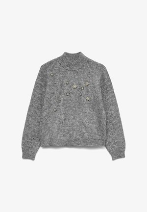 Grijs gebreide trui met een hoge halslijn, voorzien van verspreide metalen bloemversieringen aan de voorkant en geribbelde manchetten en zoom.