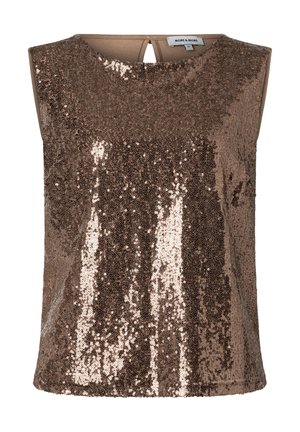 Ärmelloses bronzefarbenes Paillettenoberteil mit rundem Ausschnitt und kleinem Schlitz mit Knopfverschluss an der Rückseite, Größe 36.