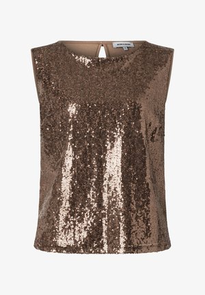 Ärmelloses bronzefarbenes Paillettenoberteil mit rundem Ausschnitt und kleinem Schlitz mit Knopfverschluss an der Rückseite, Größe 36.