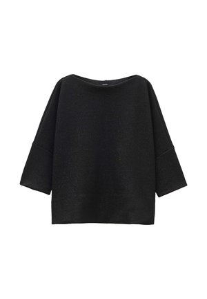 Zwarte oversized top met een brede halslijn en driekwart mouwen, gemaakt van een gestructureerde stof met een subtiele glans.