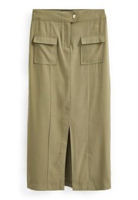 Khaki kokerrok met twee voorzakken, midi-lengte, vooruitsnijding, platte tailleband en knoopsluiting. Glad weefsel.