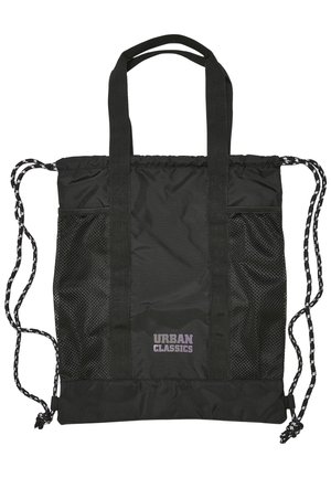Czarny plecak ze ściągaczem, siatkowanymi kieszeniami bocznymi, dwoma paskami na ramiona i logo "Urban Classics" na środku przodu.