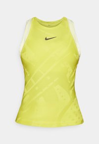 Nike dames tanktop, felgeel met een textuurdesign. Racerback-stijl, met een klein zwart logo op de borst en contrasterende bandjes.